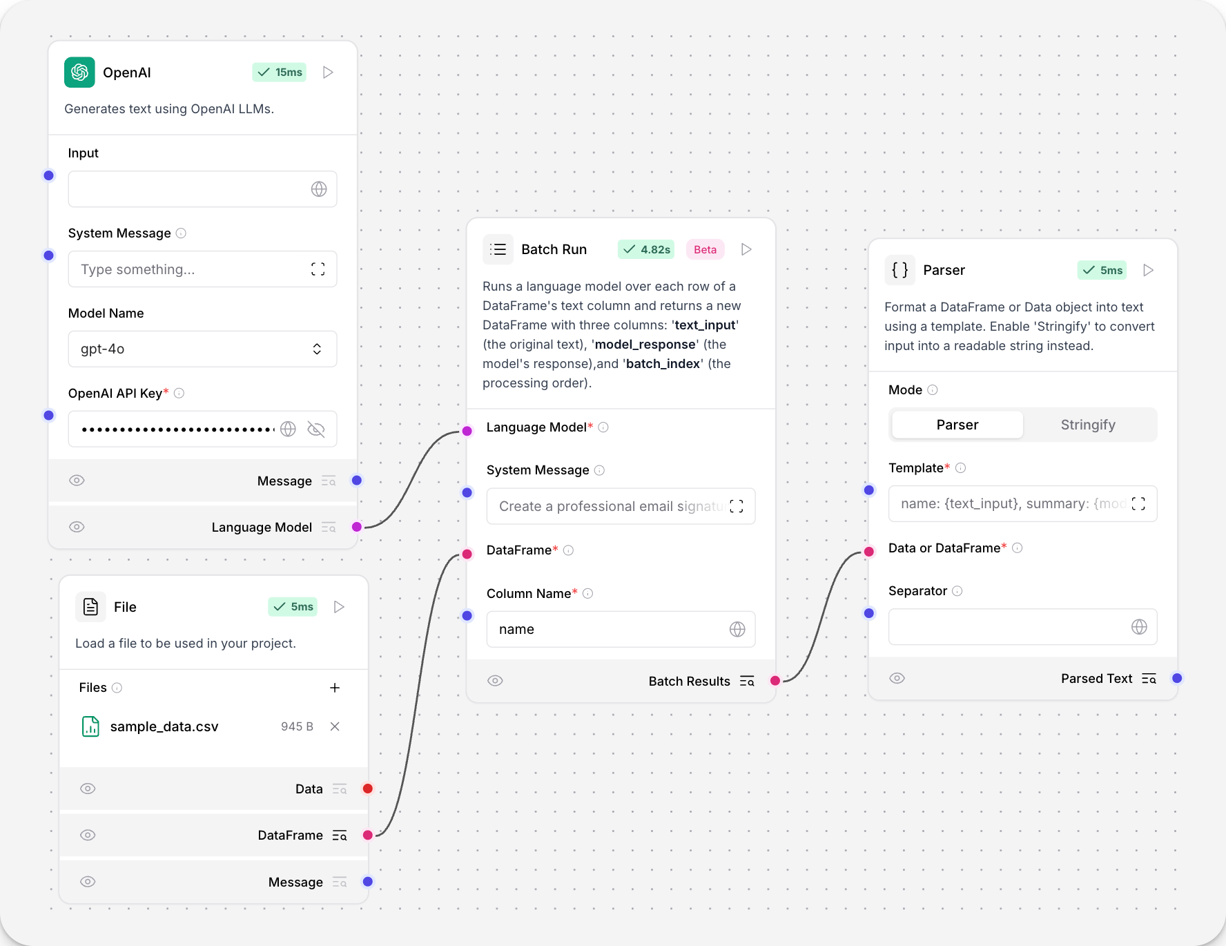 连接到 OpenAI 和 解析器 的 batch run 组件